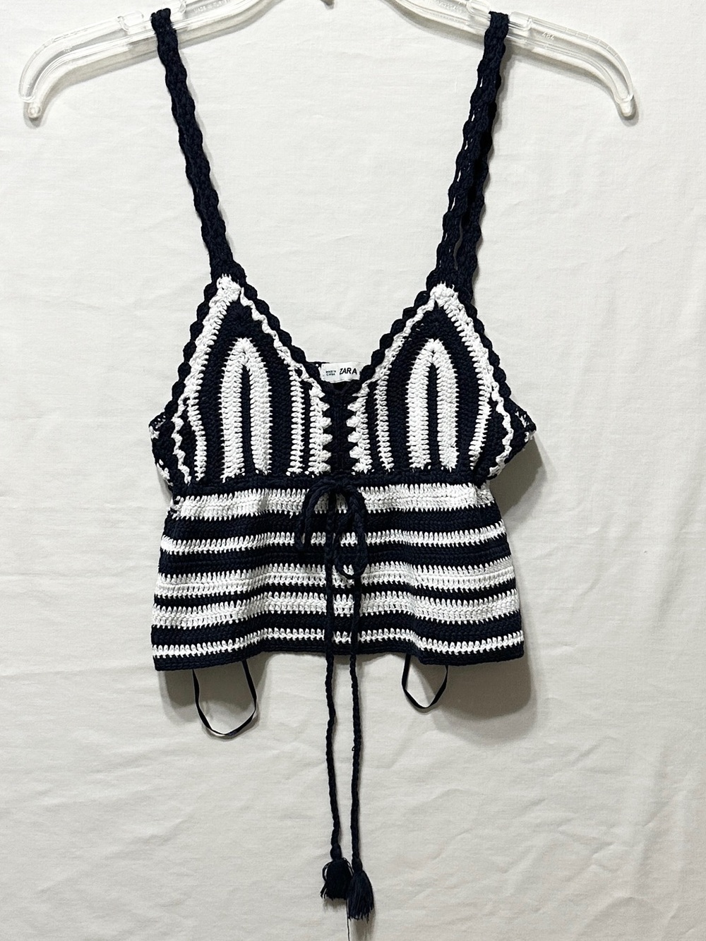 Zara Knit Navy Blue and White Crochet Knit Halter Top w/Cinching Ties - S